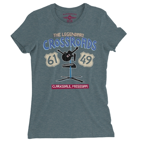 61 & 49 Crossroads Blues Ladies T Shirt - Relaxed Fit - ladiesheatherdeepteal