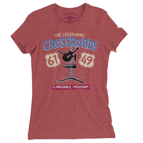 61 & 49 Crossroads Blues Ladies T Shirt - Relaxed Fit - ladiesheatherred