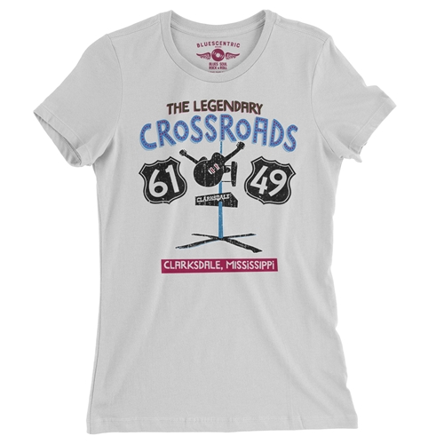 61 & 49 Crossroads Blues Ladies T Shirt - Relaxed Fit - ladieswhite