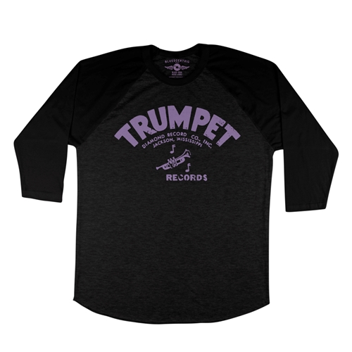 Distressed Trumpet Records Baseball T-Shirt - raglanblackblacksleeve