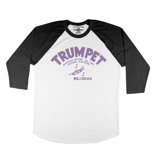 Distressed Trumpet Records Baseball T-Shirt - raglanwhiteblacksleeve