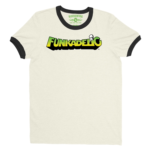 Green and Yellow Funkadelic Logo Ringer T-Shirt - ringernaturalblacktrim