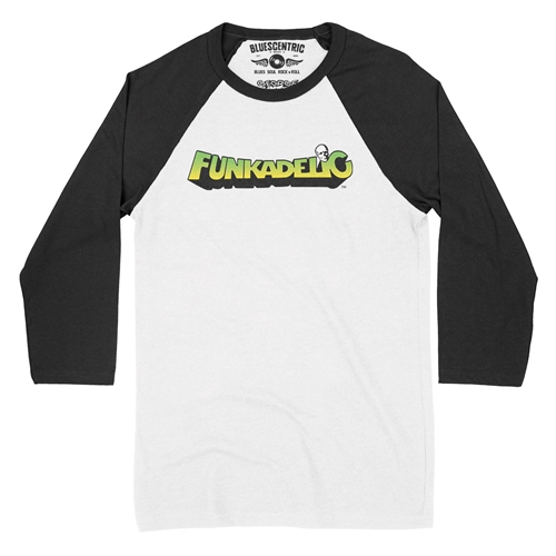 Green and Yellow Funkadelic Logo Baseball T-Shirt - raglanwhiteblacksleeve