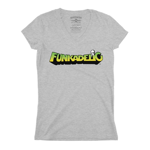 Green and Yellow Funkadelic Logo V-Neck T Shirt - Women