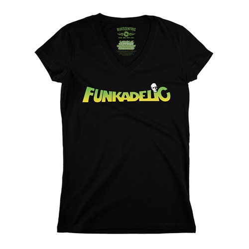 Green and Yellow Funkadelic Logo V-Neck T Shirt - Women