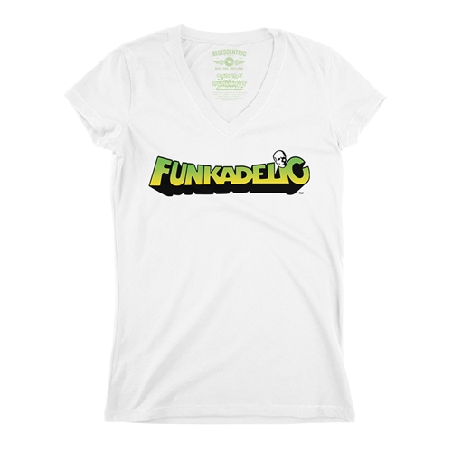 Green and Yellow Funkadelic Logo V-Neck T Shirt - Women