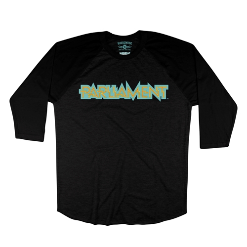 Parliament Band Logo Baseball T-Shirt - raglanblackblacksleeve