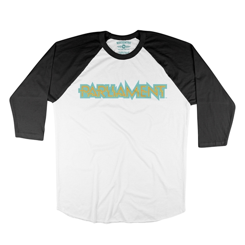 Parliament Band Logo Baseball T-Shirt - raglanwhiteblacksleeve