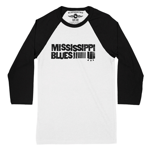 Grungy Mississippi Blues Baseball T-Shirt - raglanwhiteblacksleeve