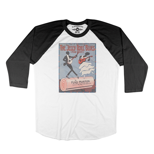 Jelly Roll Morton Poster Baseball T-Shirt - raglanwhiteblacksleeve