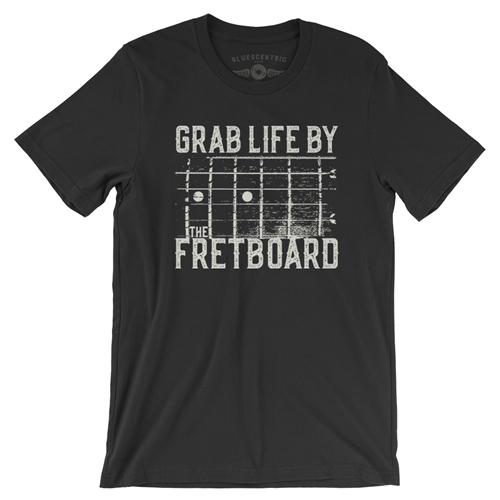 Grab Life by the Fretboard Guitar T-Shirt - Lightweight Vintage Style - vintageblack