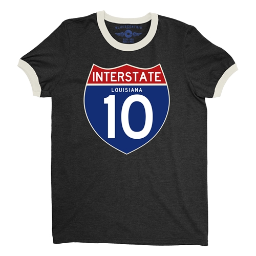 Interstate 10 Louisiana Ringer T-Shirt - ringerblackcreamtrim