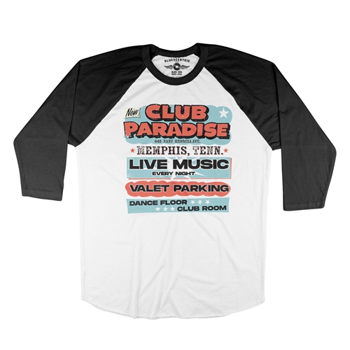 Baby Blue Club Paradise Memphis Baseball T-Shirt - raglanwhiteblacksleeve