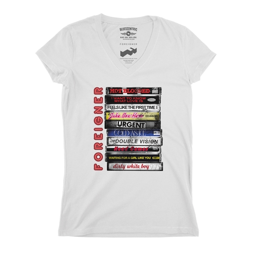 Foreigner Tape Stack Logo V-Neck T Shirt - Women