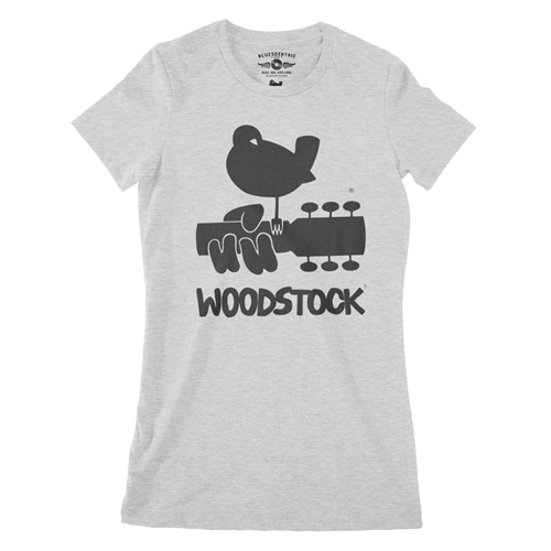 Woodstock Black Bird & Guitar Logo Ladies T Shirt - Relaxed Fit - ladiesathleticheather