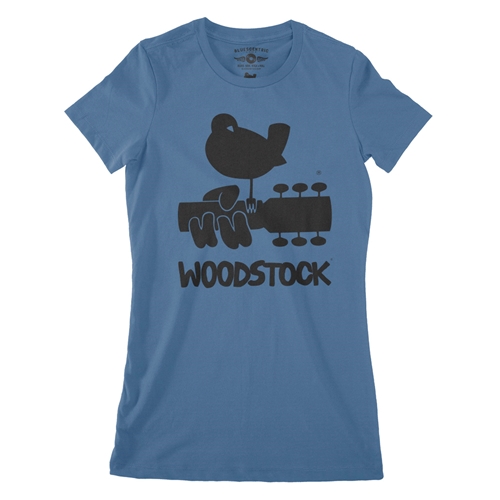 Woodstock Black Bird & Guitar Logo Ladies T Shirt - Relaxed Fit - ladiesblue