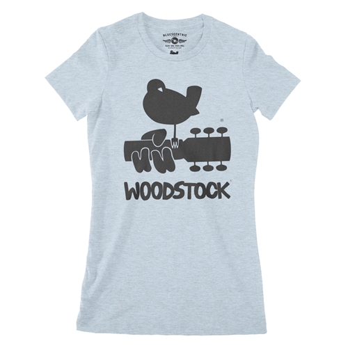 Woodstock Black Bird & Guitar Logo Ladies T Shirt - Relaxed Fit - ladiesheatherprismblue