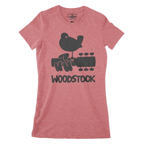 Woodstock Black Bird & Guitar Logo Ladies T Shirt - Relaxed Fit - ladiesheatherred