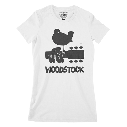 Woodstock Black Bird & Guitar Logo Ladies T Shirt - Relaxed Fit - ladieswhite