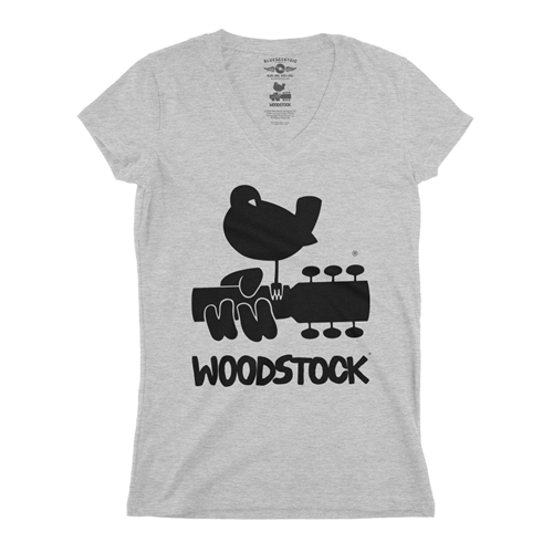 Woodstock Black Bird & Guitar Logo V-Neck T Shirt - Women