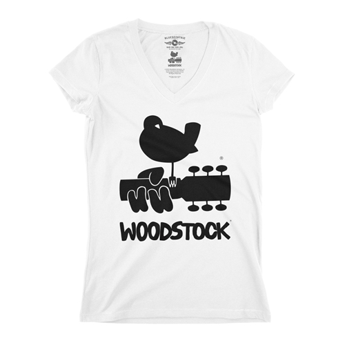 Woodstock Black Bird & Guitar Logo V-Neck T Shirt - Women