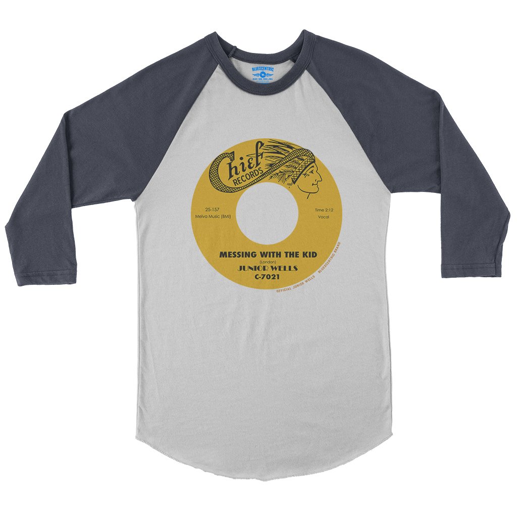 Messin With The Kid Vinyl Record Baseball Tee in White Navy