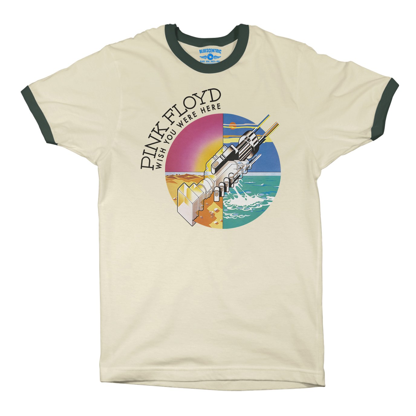Pink Floyd Mechanical Hands Wish You Were Here Ringer T-Shirt in Natural Forest Green