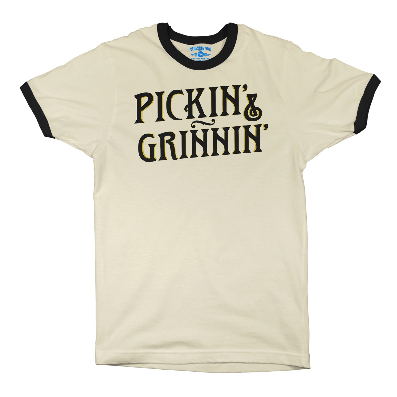 Pickin’ & Grinnin’ Bluegrass Ringer T-Shirt in Natural Black