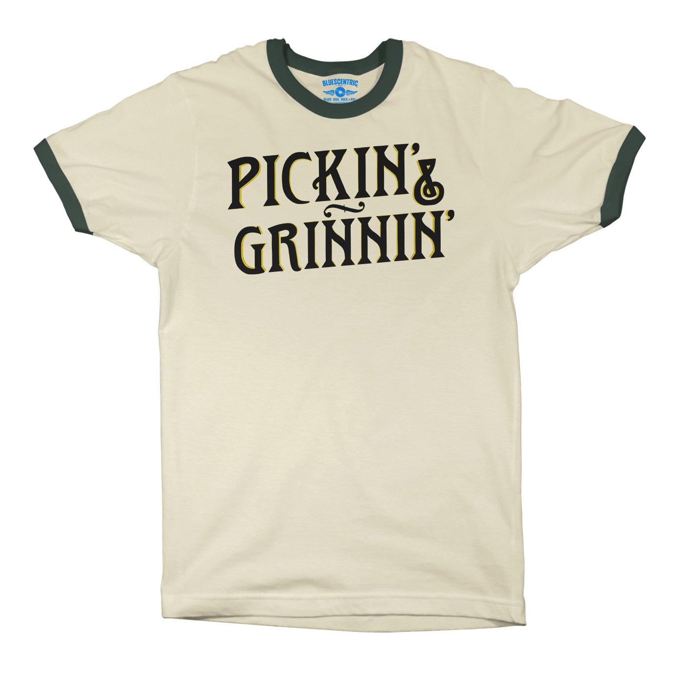 Pickin’ & Grinnin’ Bluegrass Ringer T-Shirt in Natural Forest Green