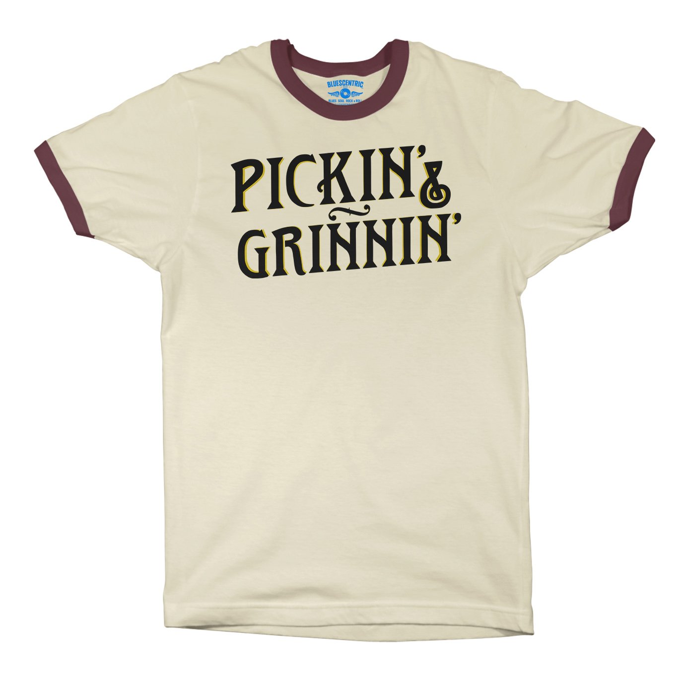 Pickin’ & Grinnin’ Bluegrass Ringer T-Shirt in Natural Maroon