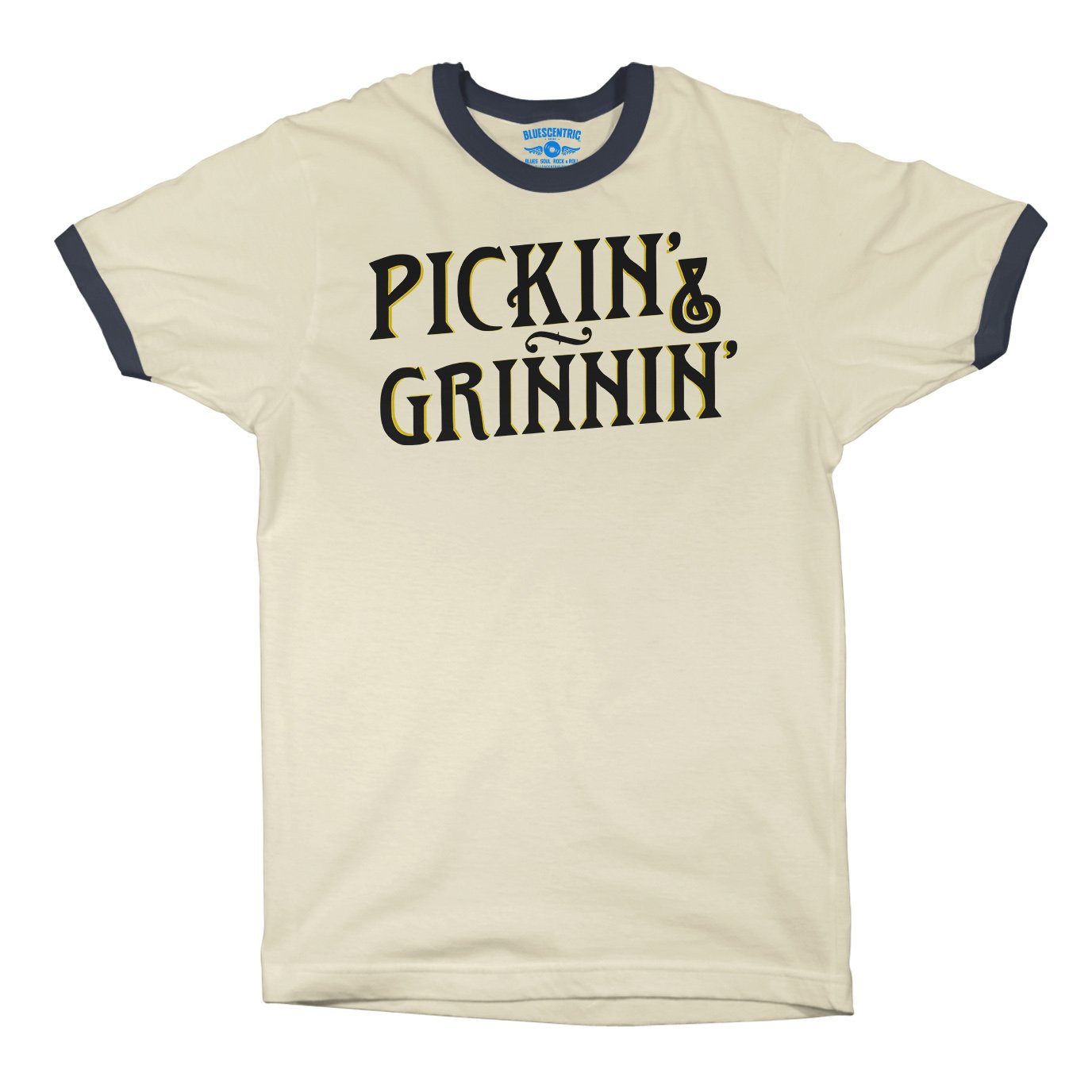 Pickin’ & Grinnin’ Bluegrass Ringer T-Shirt in Natural Midnight Navy
