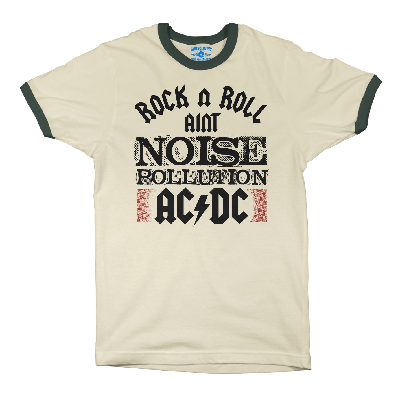 AC/DC Rock and Roll Ain’t Noise Pollution Ringer T-Shirt in Natural Forest Green