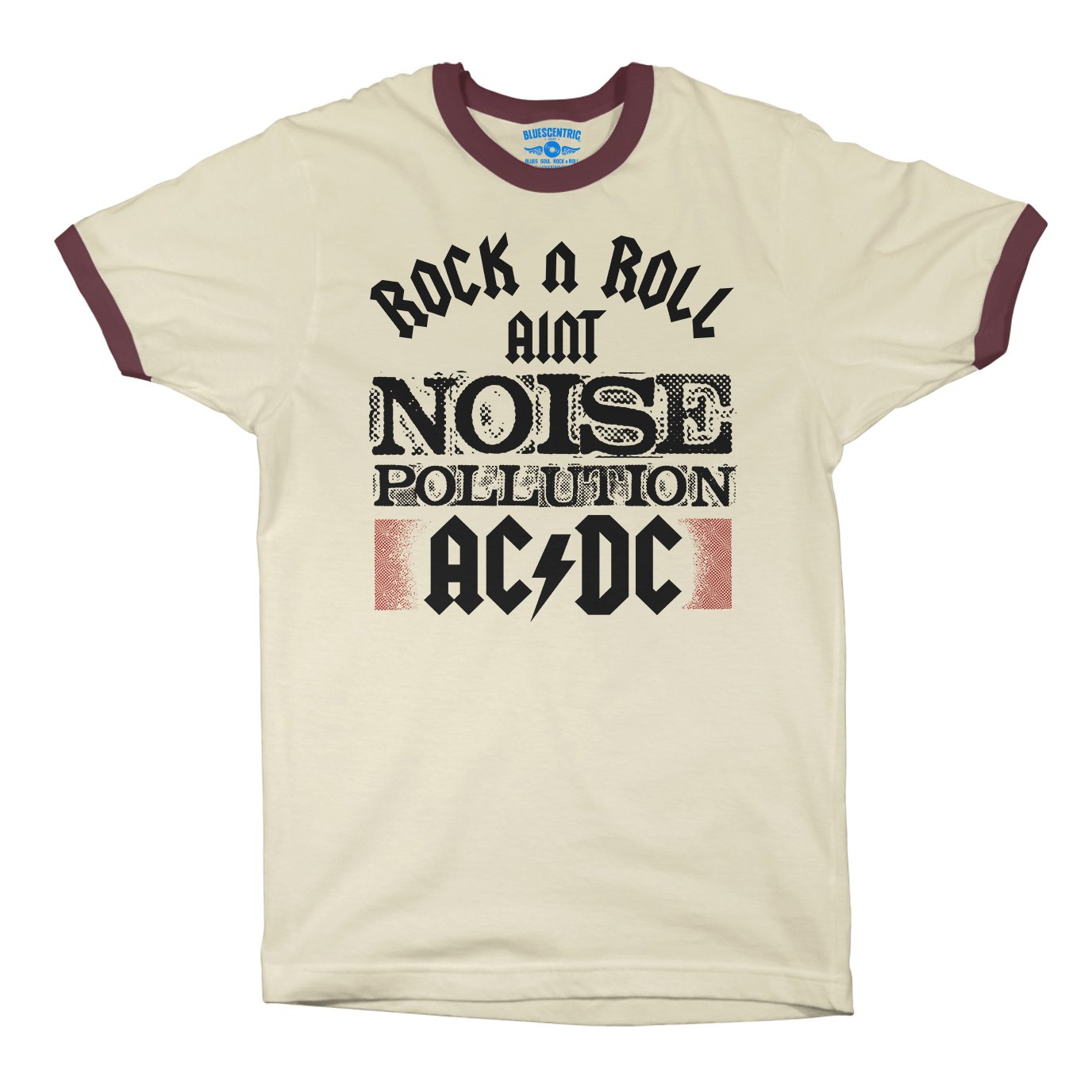 AC/DC Rock and Roll Ain’t Noise Pollution Ringer T-Shirt in Natural Maroon