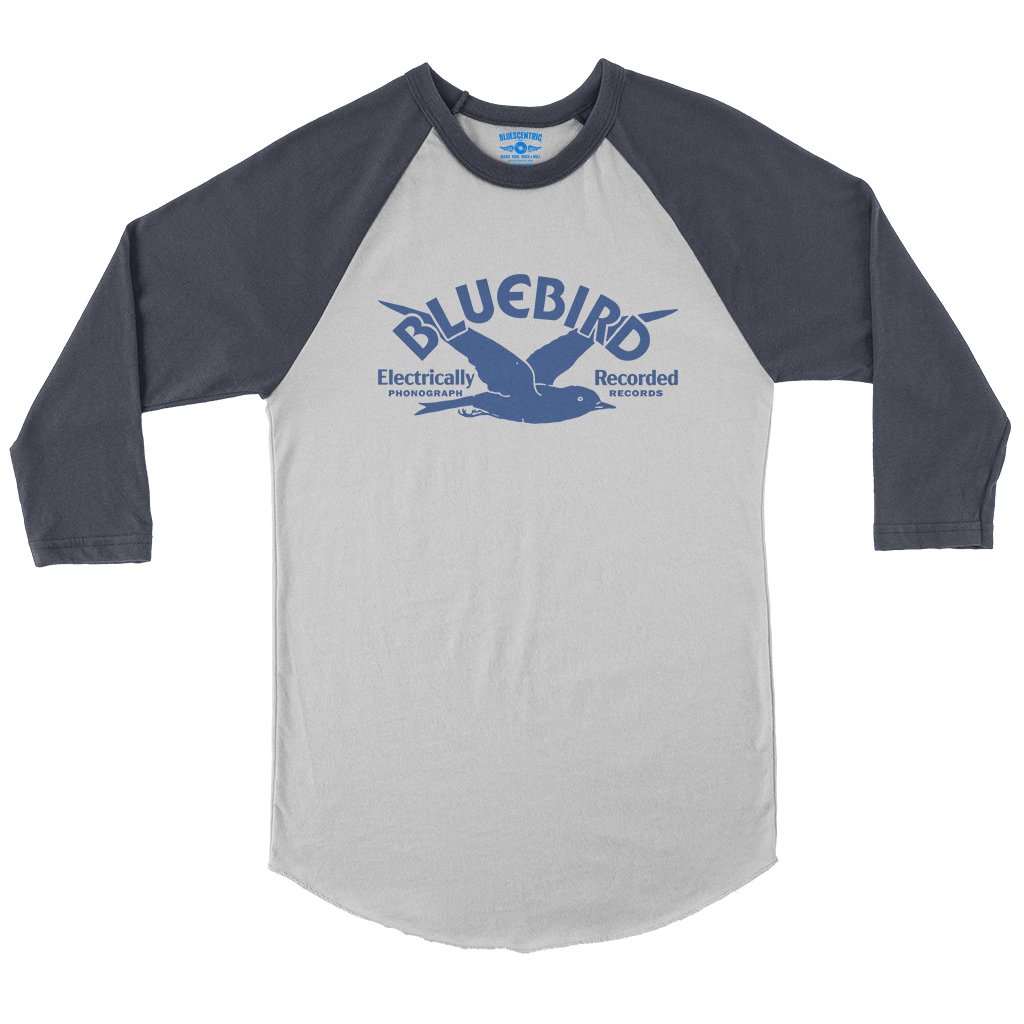 Bluebird Records Logo Baseball T-Shirt in White Navy