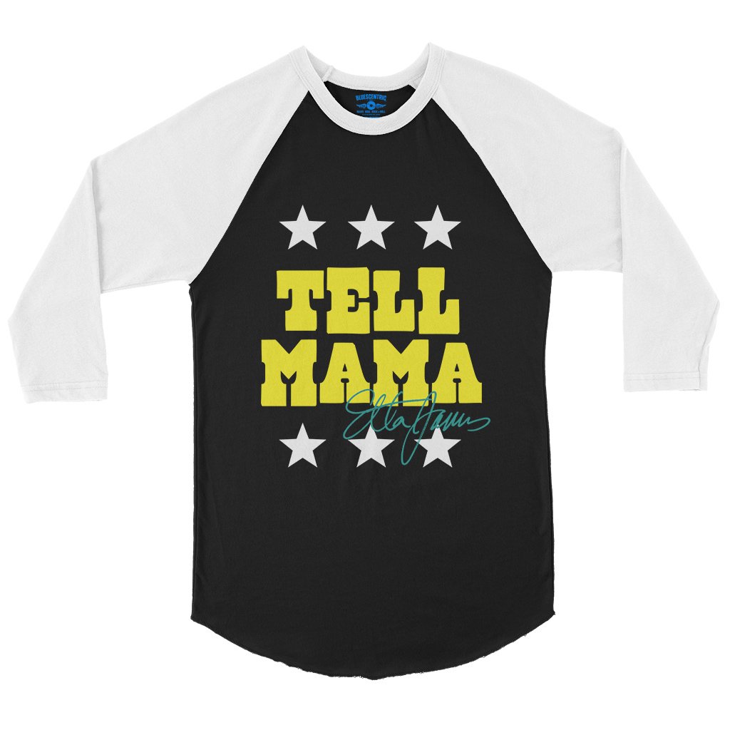 Etta James Tell Mama Signature Baseball T-Shirt in Black White