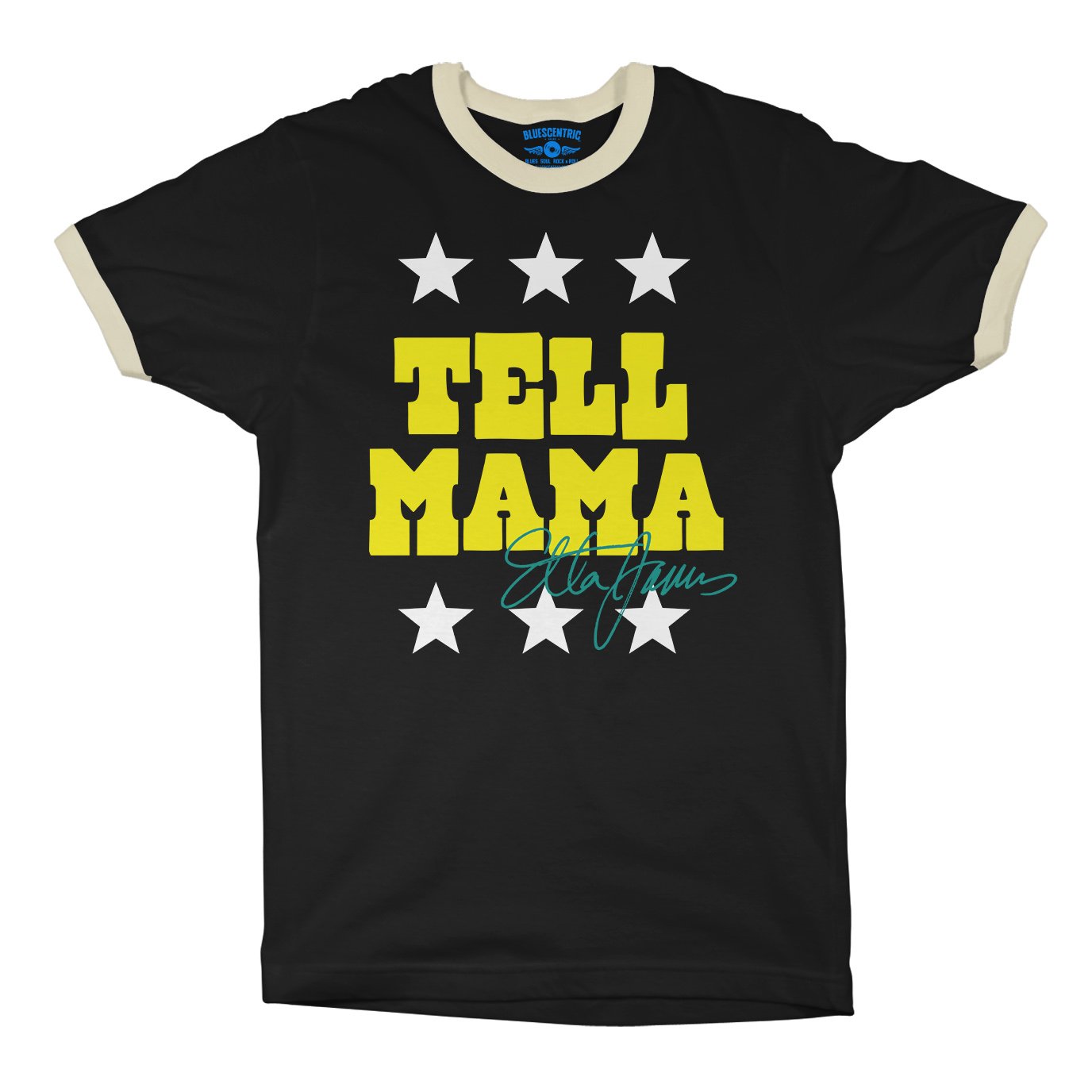 Etta James Tell Mama Signature Ringer T-Shirt in Black Natural