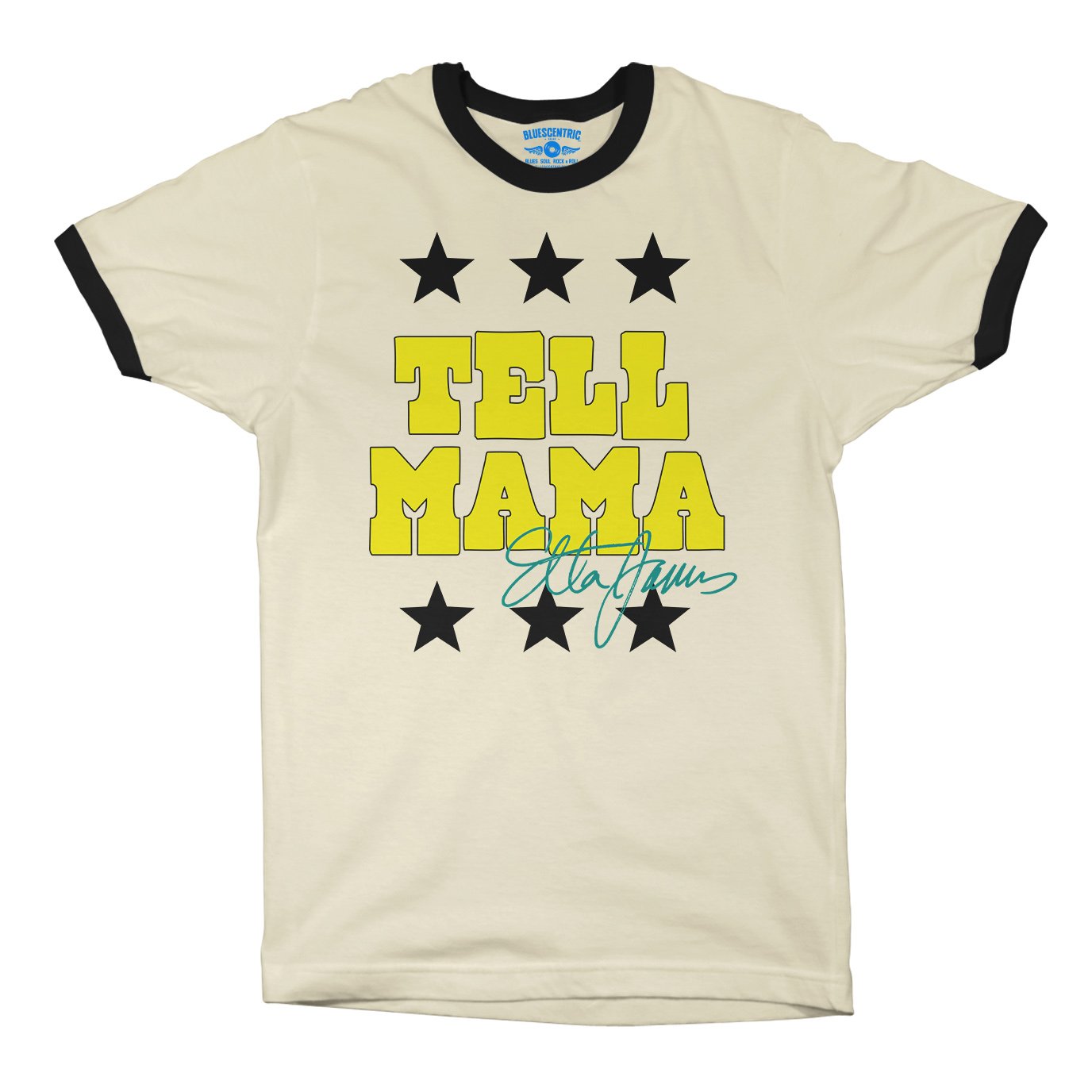 Etta James Tell Mama Signature Ringer T-Shirt in Natural Black