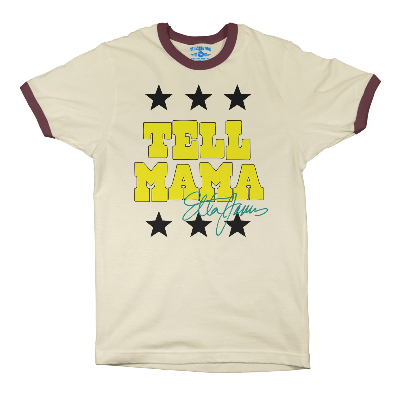 Etta James Tell Mama Signature Ringer T-Shirt in Natural Maroon
