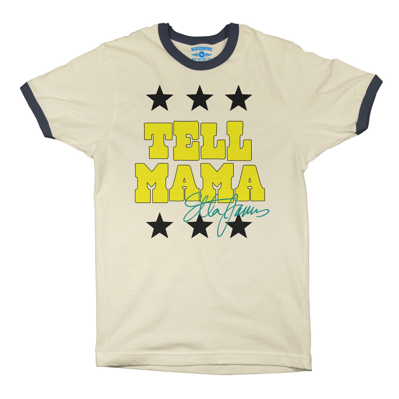 Etta James Tell Mama Signature Ringer T-Shirt in Natural Midnight Navy