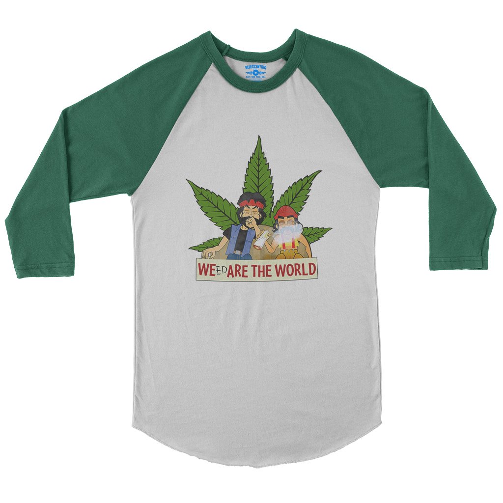 Animated Cheech & Chong Weed Are The World Baseball T-Shirt in White Kelly