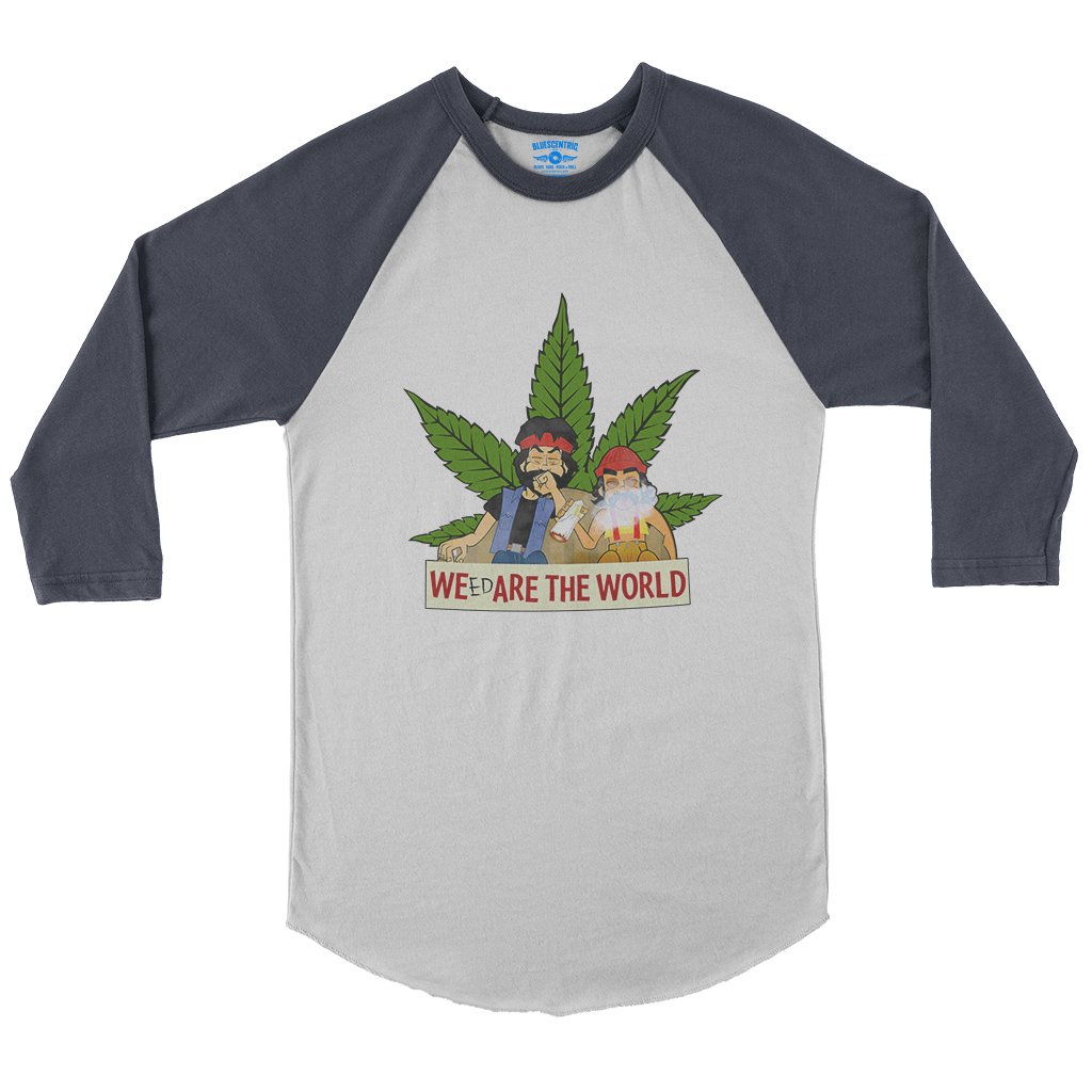 Animated Cheech & Chong Weed Are The World Baseball T-Shirt in White Navy