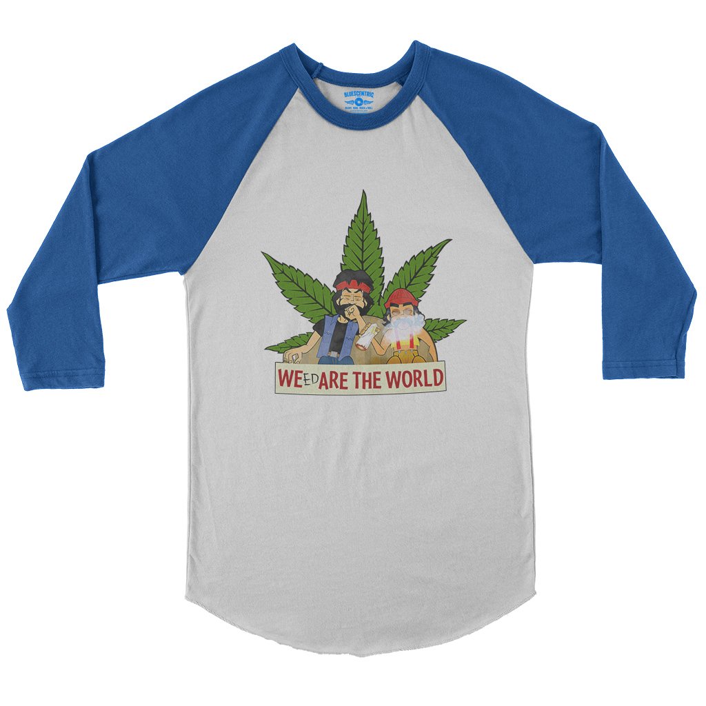 Animated Cheech & Chong Weed Are The World Baseball T-Shirt in White True Royal