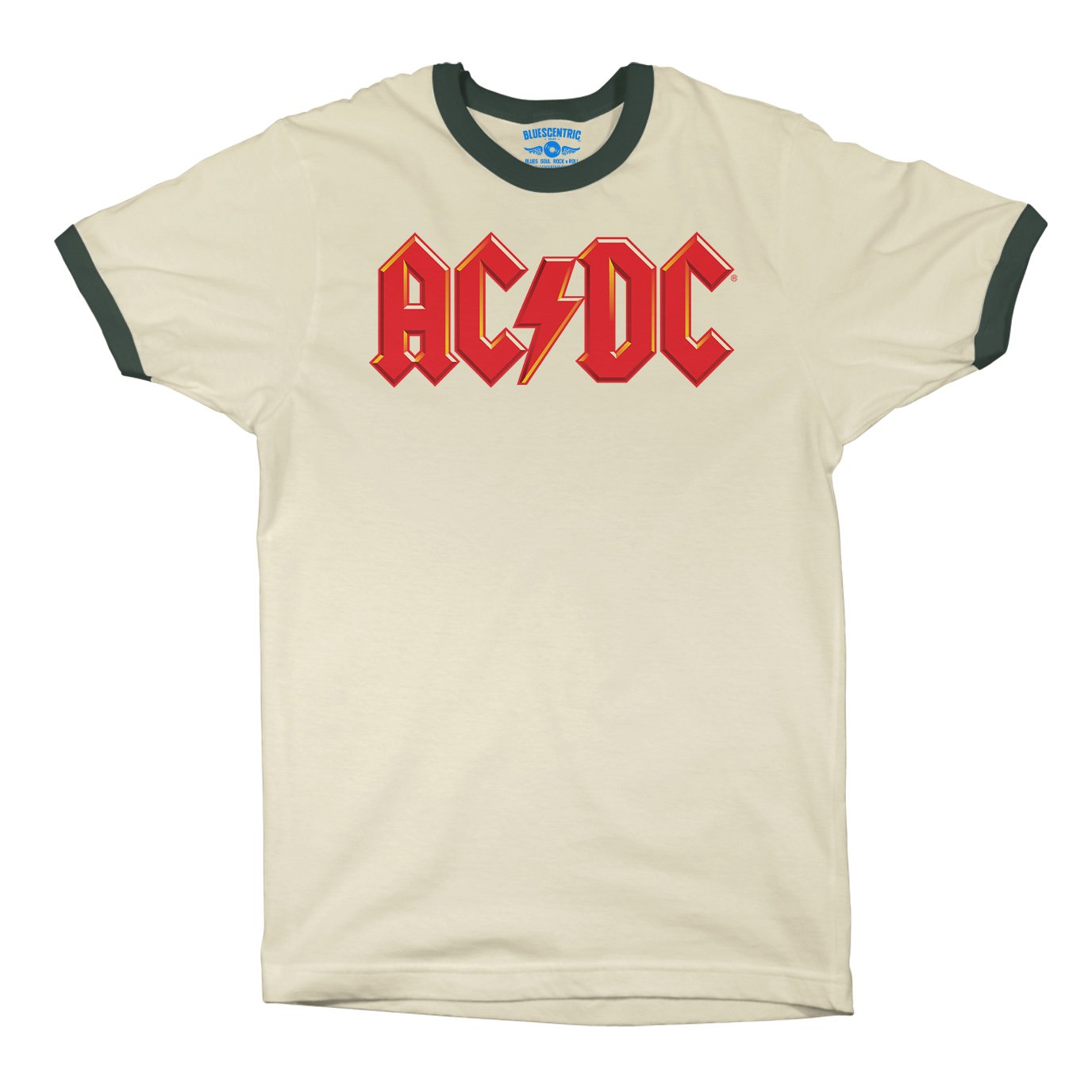 Red AC/DC Logo Ringer T-Shirt in Natural Forest Green