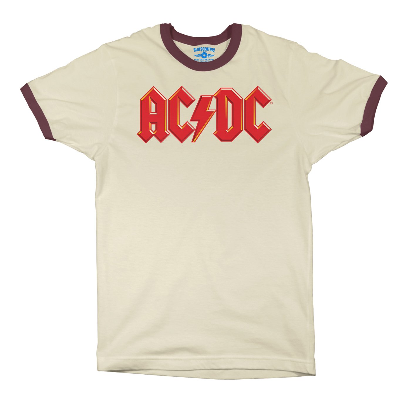 Red AC/DC Logo Ringer T-Shirt in Natural Maroon