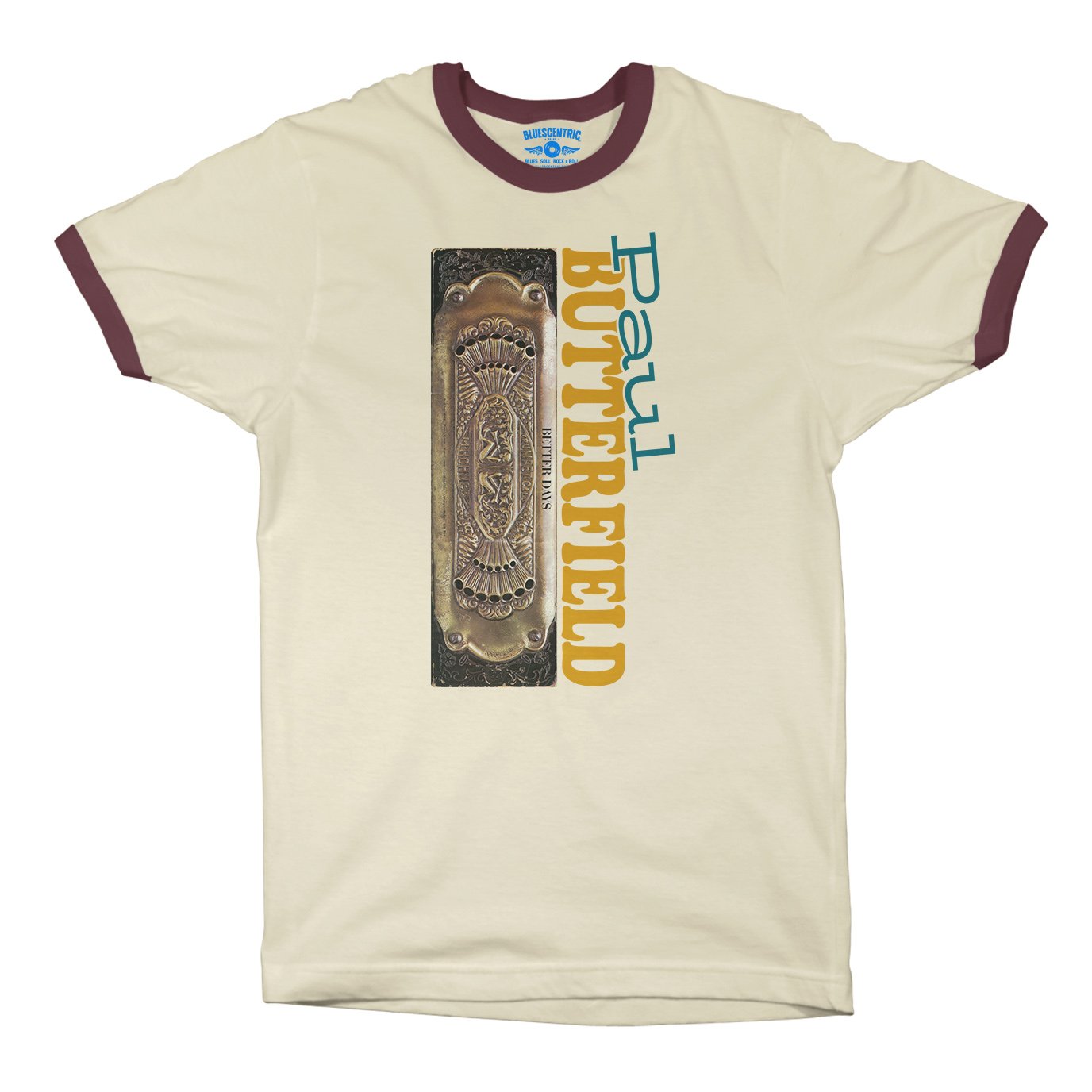 Paul Butterfield Harmonica Ringer T-Shirt in Natural Maroon