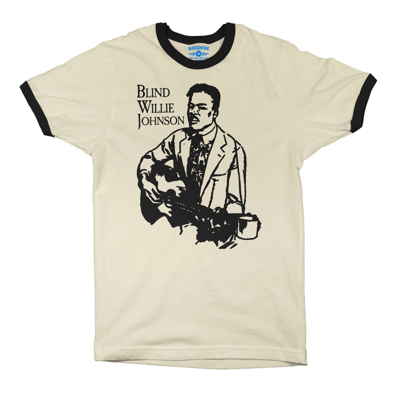 Blind Willie Johnson Line Cut Ringer T-Shirt in Natural Black