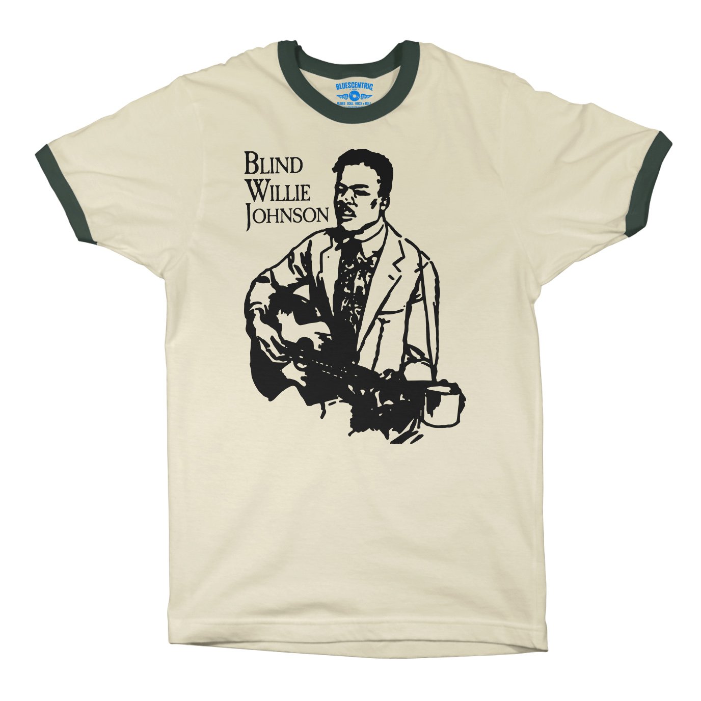 Blind Willie Johnson Line Cut Ringer T-Shirt in Natural Forest Green