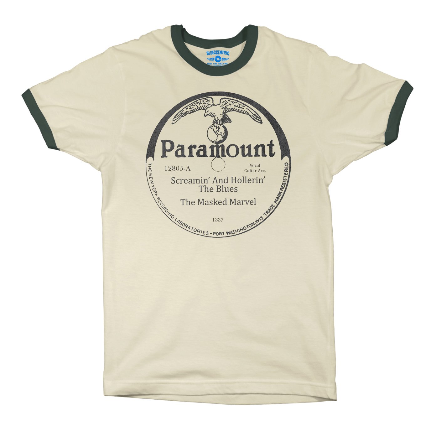Screamin’ And Hollerin’ the Blues Paramount Ringer T-Shirt in Natural Forest Green