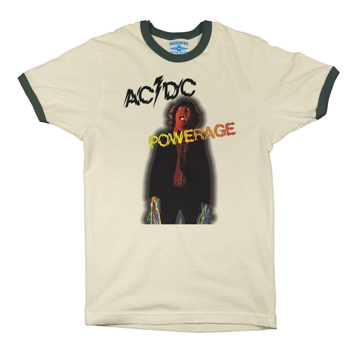 AC/DC Powerage Album Cover Ringer T-Shirt in Natural Forest Green