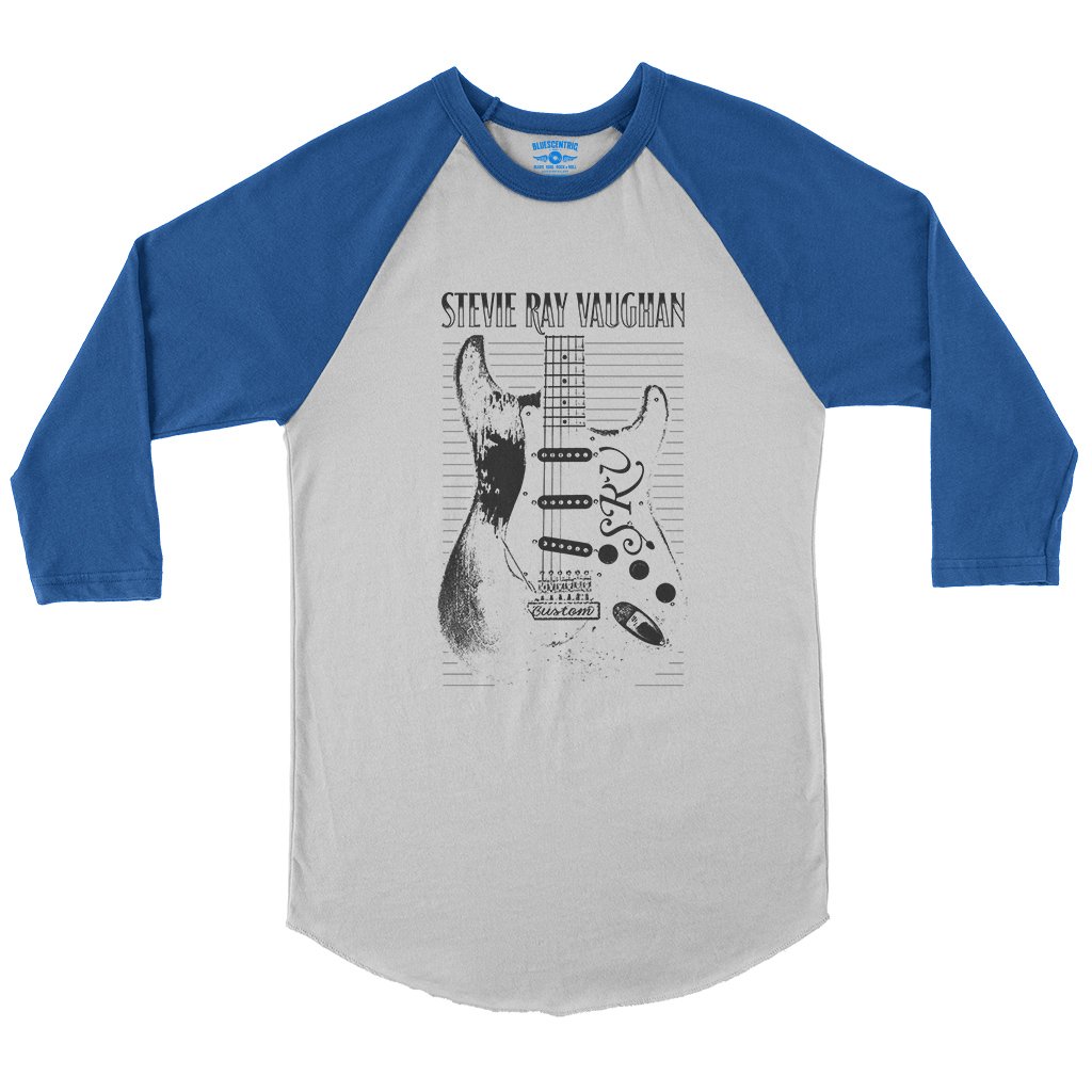 Stevie Ray Vaughan Guitar Baseball T-Shirt in White True Royal